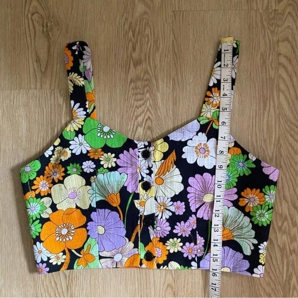 Maje 60s Mod Floral Crop Top Retro Psychedelic Daisy Print Bustier - Picture 10 of 13